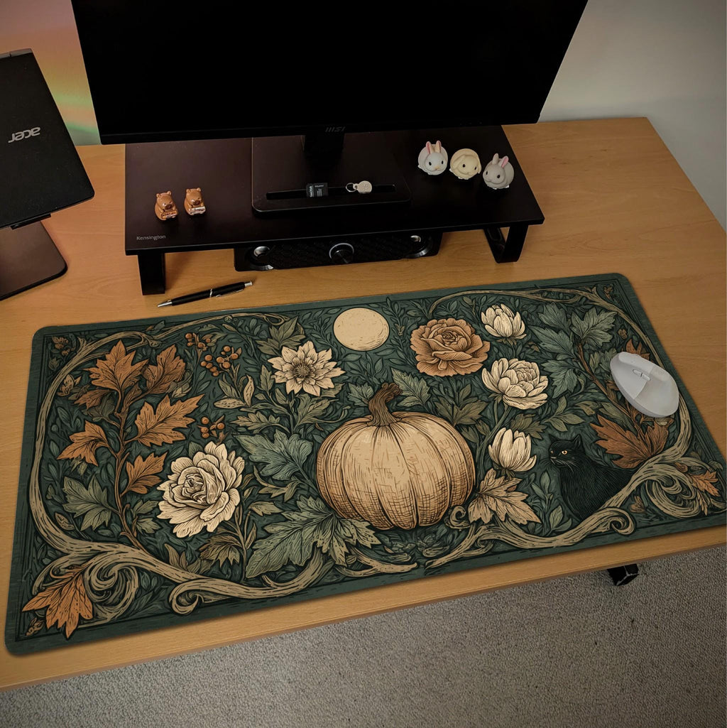 Halloween Botanical Desk Mat | Pumpkin and Black Cat Design, William Morris, Gothic Art Nouveau Style Mouse Pad | Autumn Desk Decor