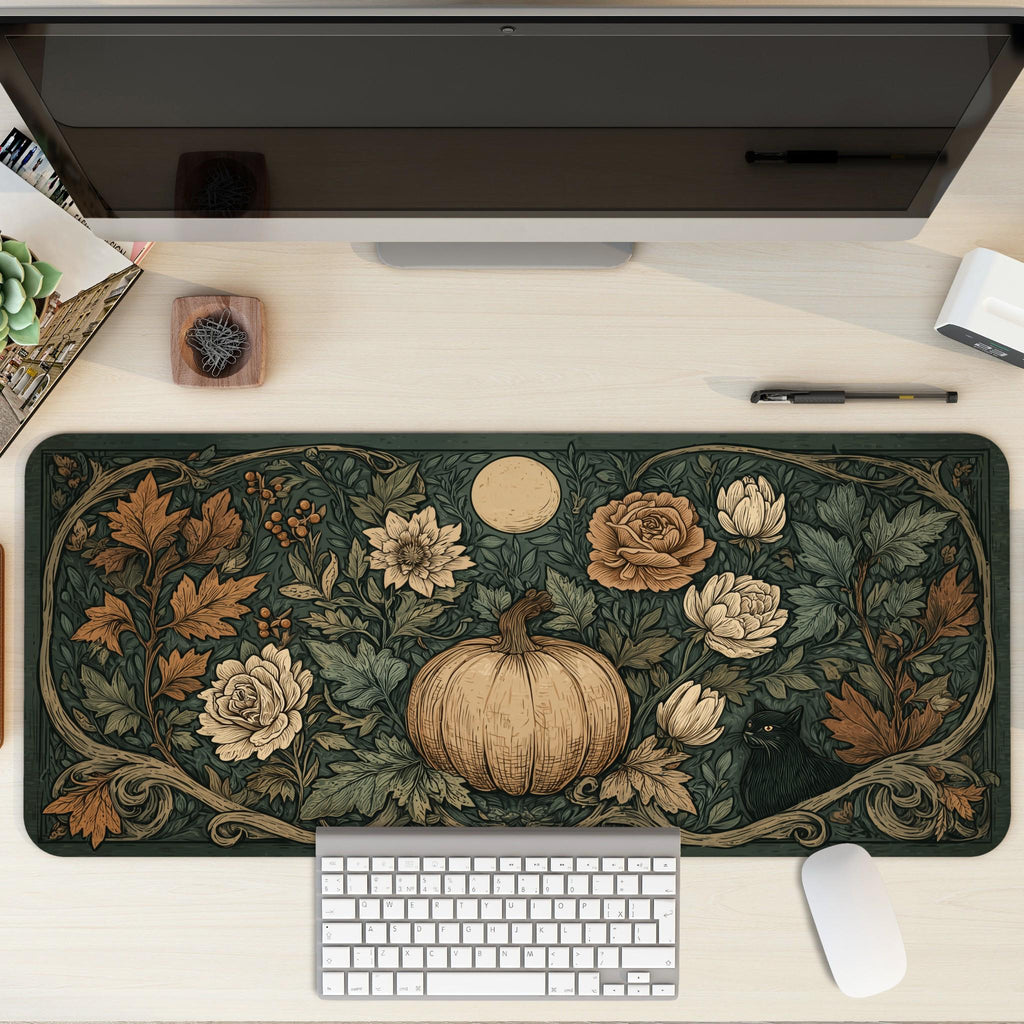 Halloween Botanical Desk Mat | Pumpkin and Black Cat Design, William Morris, Gothic Art Nouveau Style Mouse Pad | Autumn Desk Decor