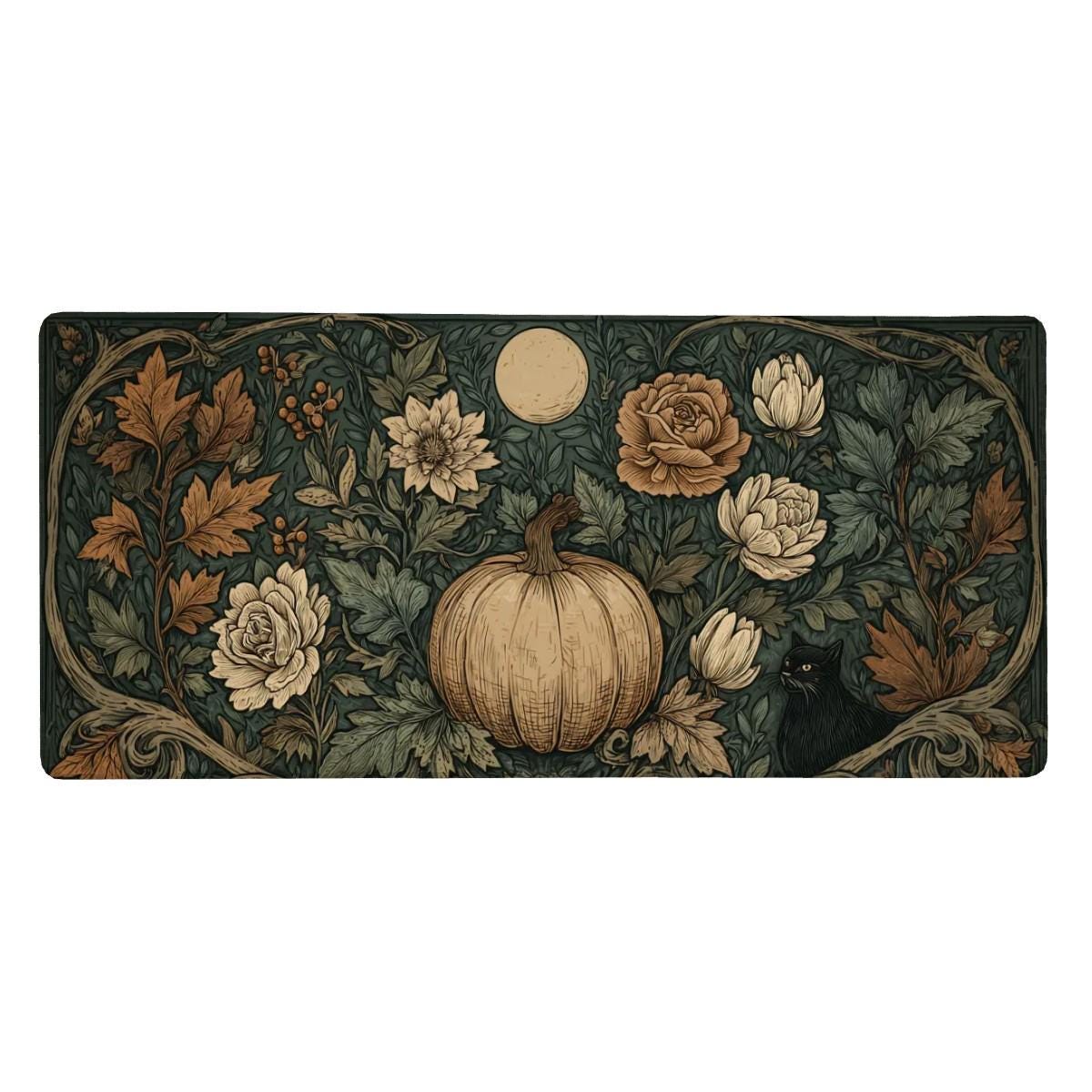 Halloween Botanical Desk Mat | Pumpkin and Black Cat Design, William Morris, Gothic Art Nouveau Style Mouse Pad | Autumn Desk Decor