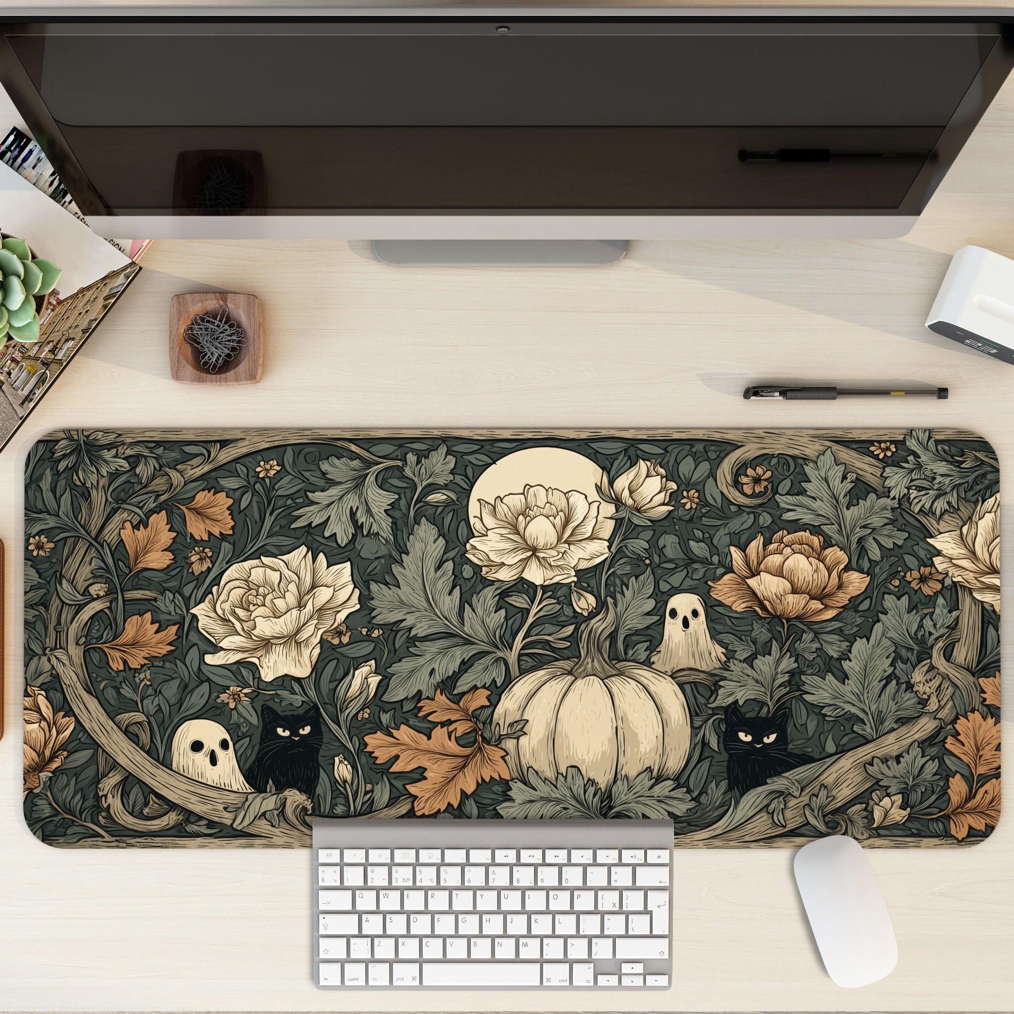 Vintage Botanical Halloween Desk Mat | William Morris Style Floral Ghost Mouse Pad | Sage Green Decor with Pumpkin and Black Cats
