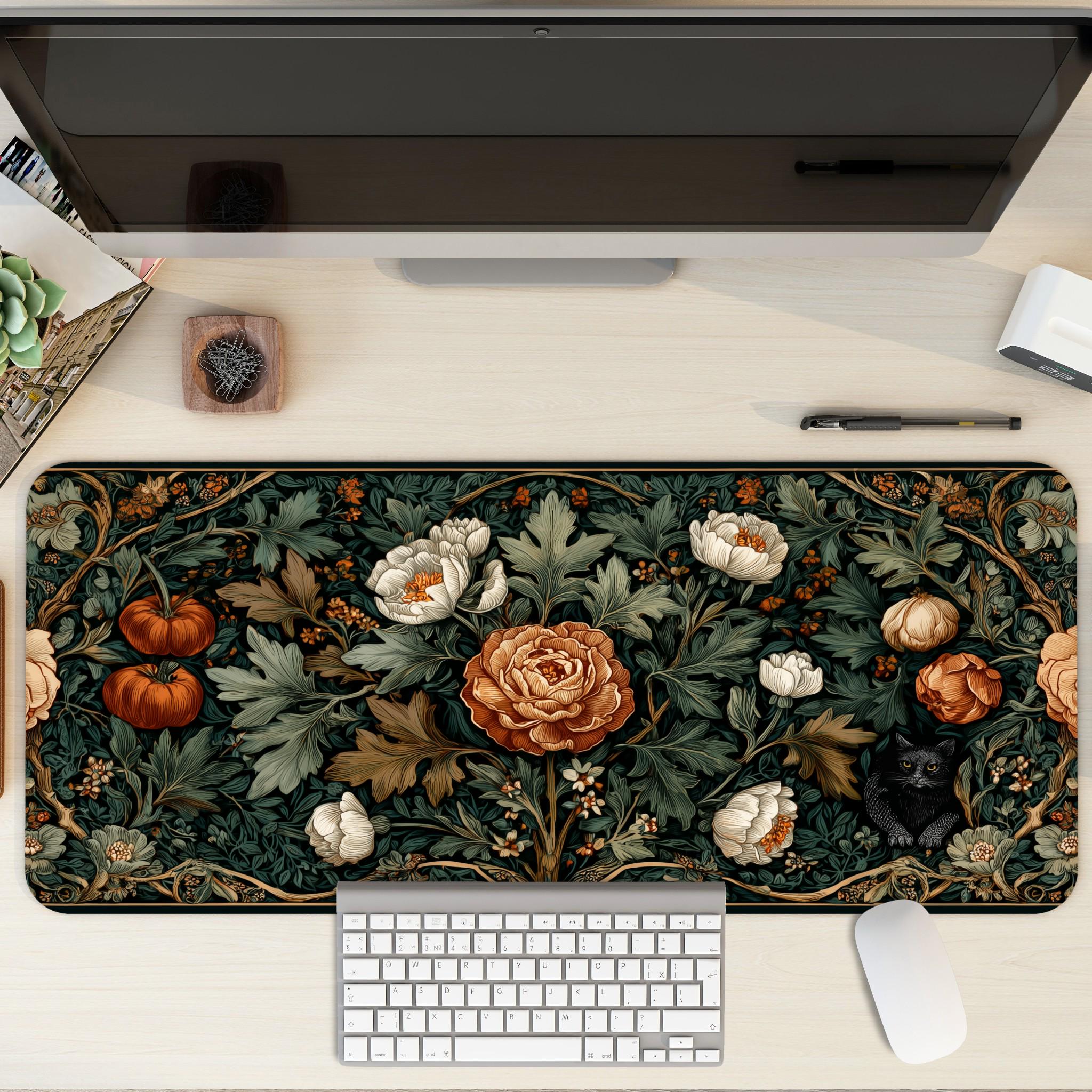 Autumn Botanical Desk Mat | William Morris Floral Cat Mouse Pad | Dark Green Orange Victorian Arts Crafts Decor