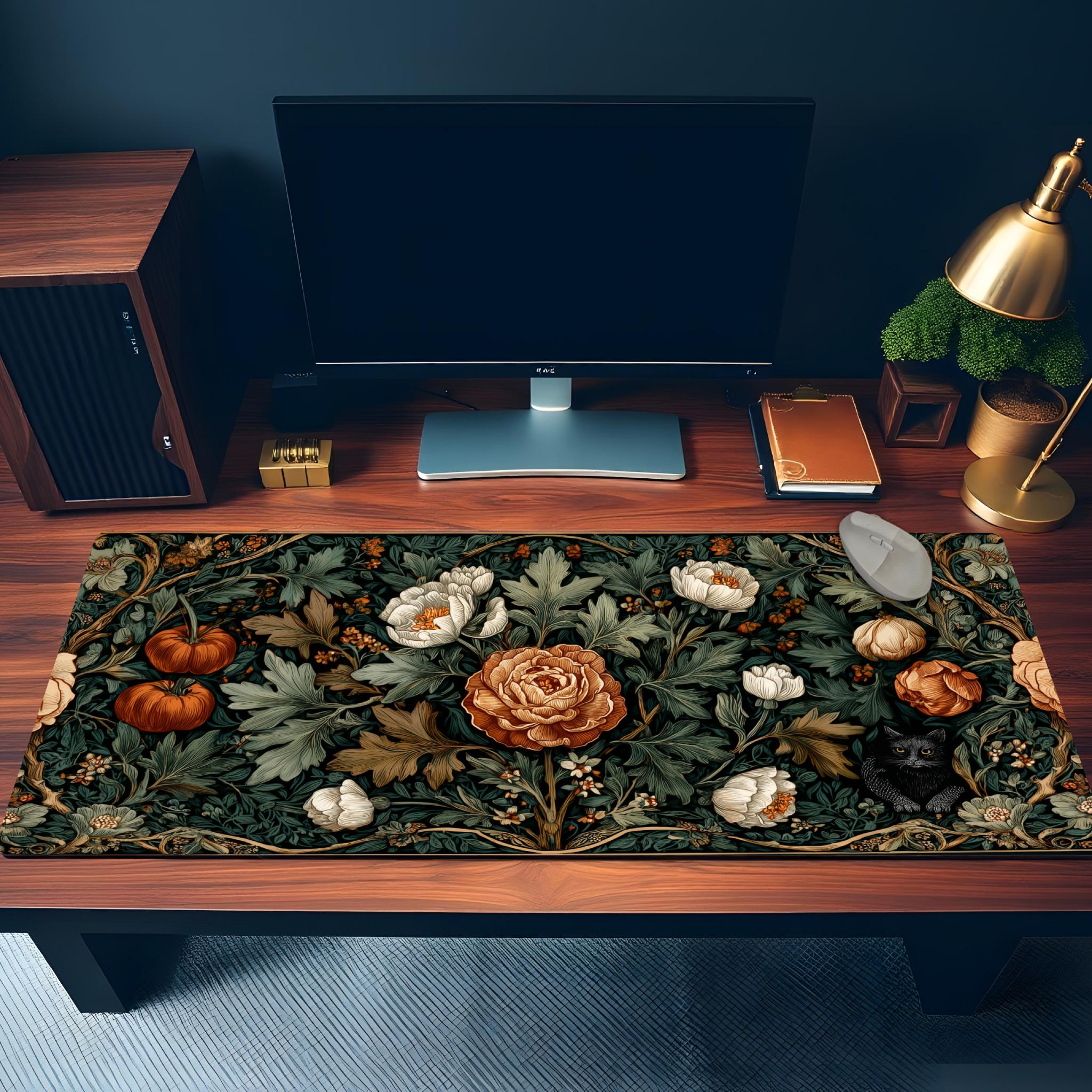 Autumn Botanical Desk Mat | William Morris Floral Cat Mouse Pad | Dark Green Orange Victorian Arts Crafts Decor