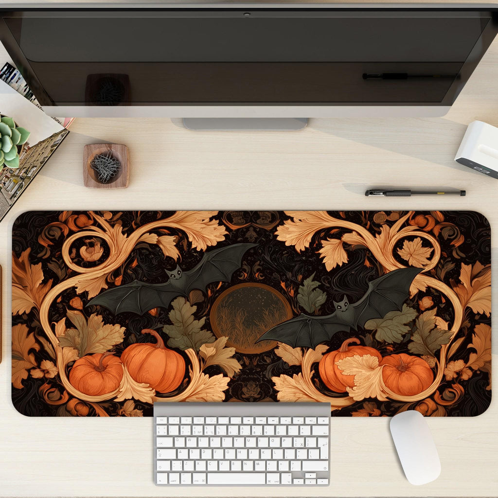 Gothic Halloween Desk Mat | Dark Academia Aesthetic Office Decor with Pumpkins and Bat Motifs | Large Desk Art Gaming Setup