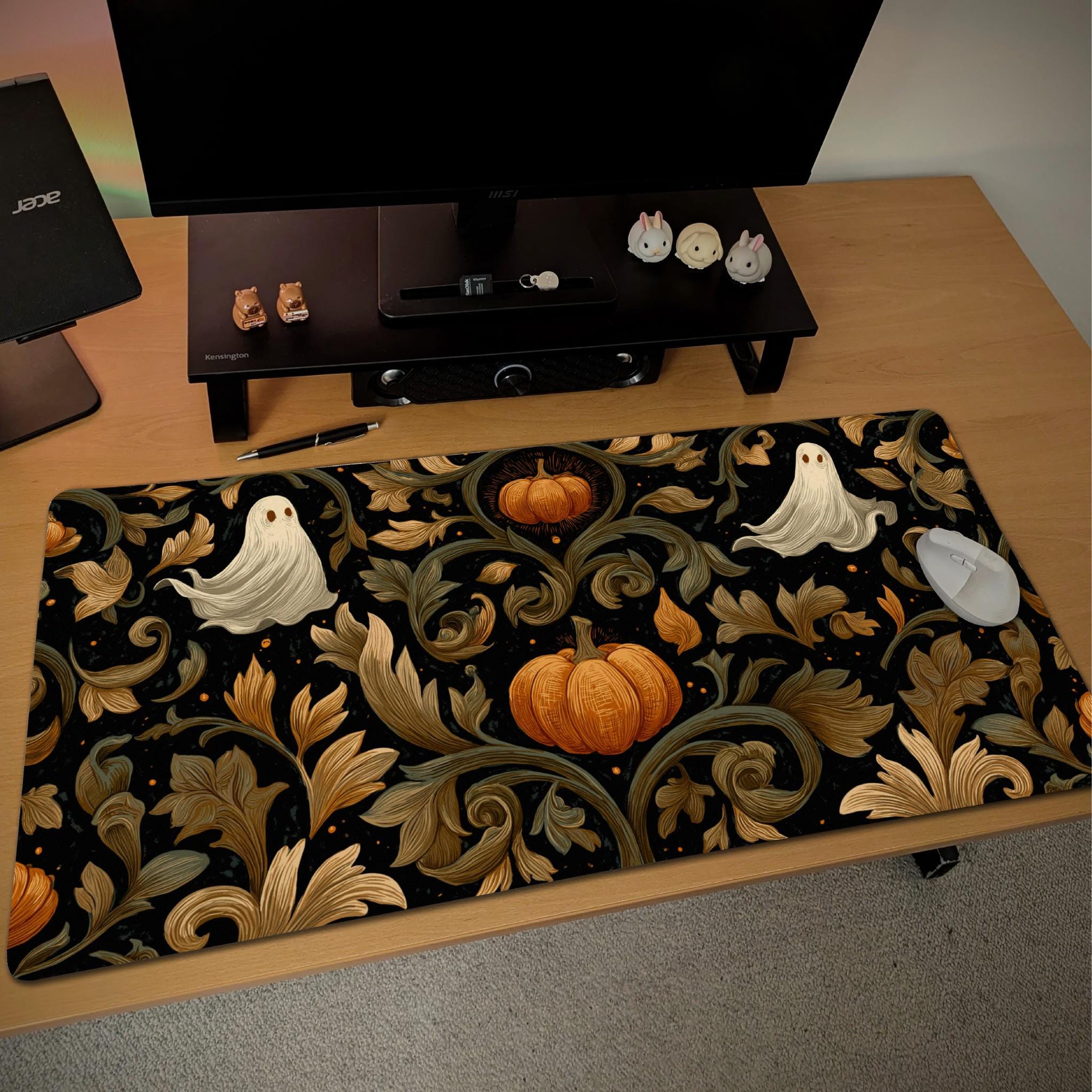 Haunted Halloween Desk Mat | Whimsical Ghost and Pumpkin Mouse Pad | Cozy Dark Vintage Halloween Decor