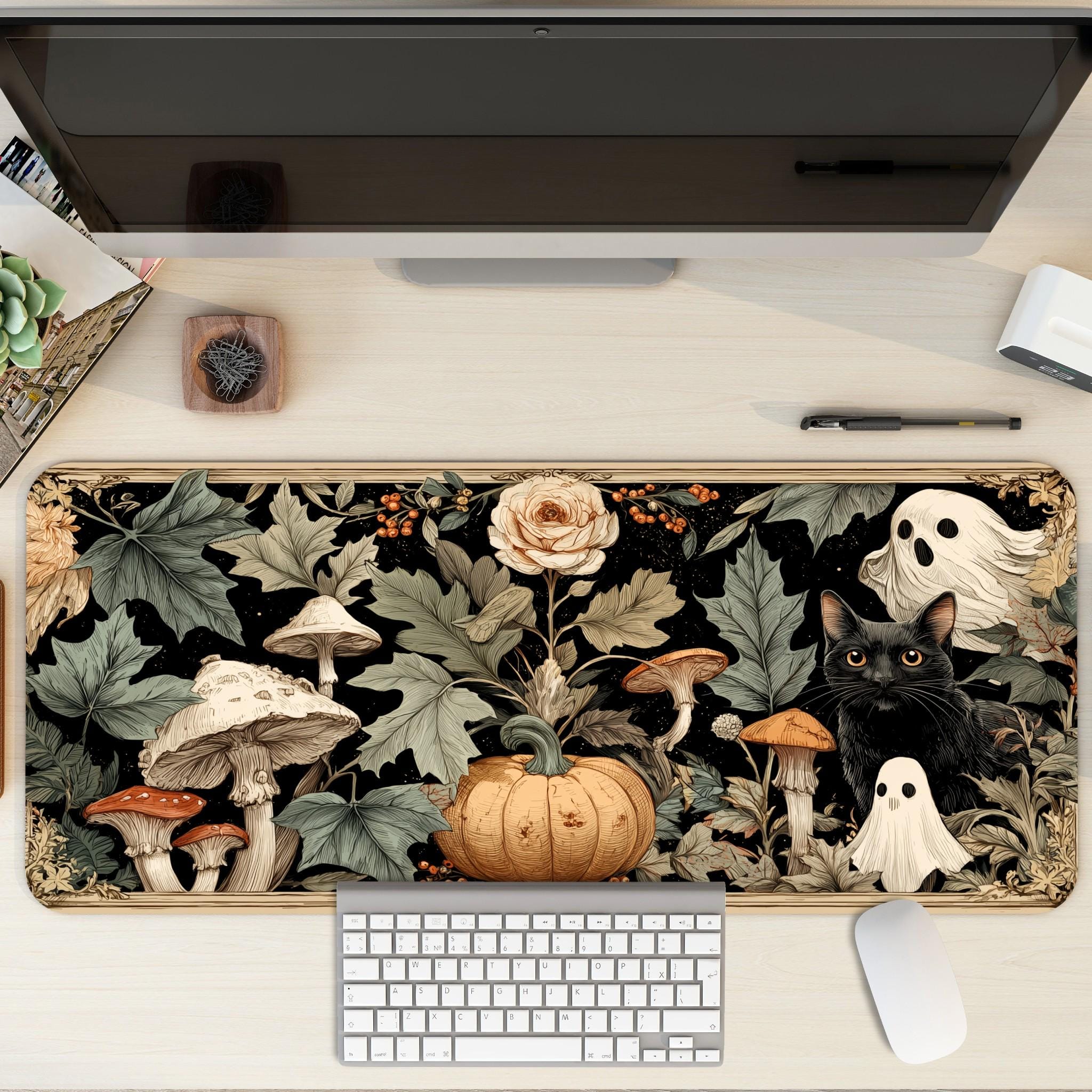 Dark Cottagcore Halloween Desk Mat | Mushrooms Botanical Theme Desk Pad | Black Cat and Ghost Desk Decor