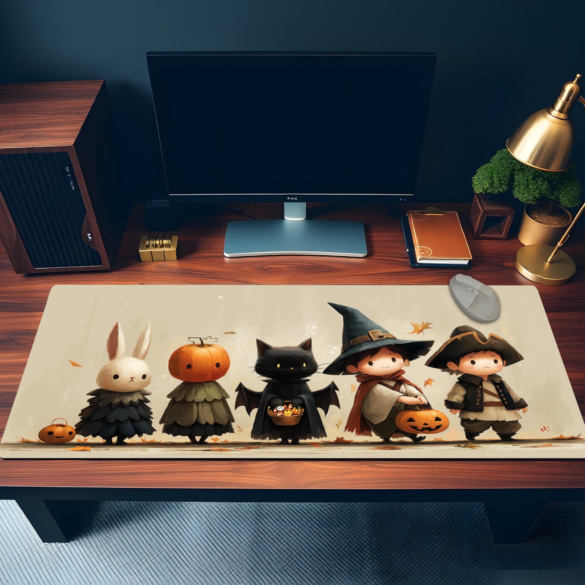 Cute Halloween Cartoon Desk Mat | Witchy Storybook Characters Mouse Pad | Cute Autumn Kawaii Desk Decor