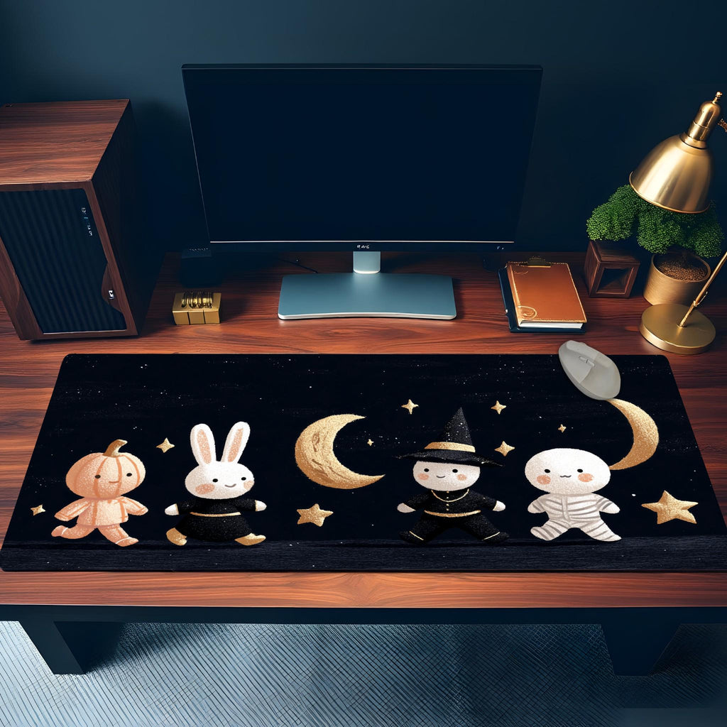 Cute Halloween Celestial Desk Mat | Cozy Plushie Ghost & Witch Mouse Pad | Mini Characters Drawing Desk Decor