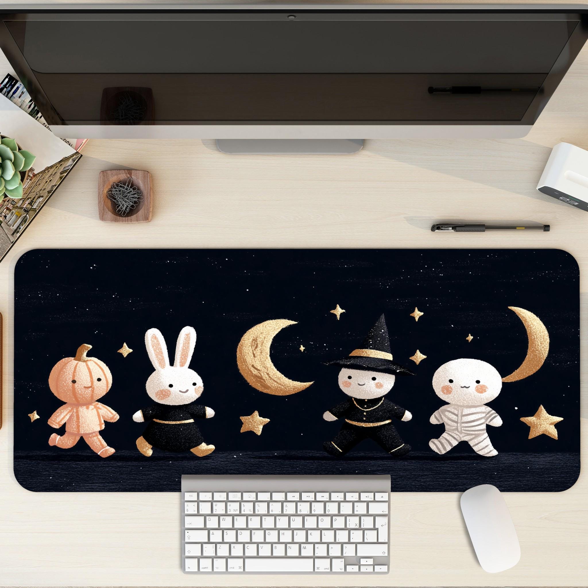 Cute Halloween Celestial Desk Mat | Cozy Plushie Ghost & Witch Mouse Pad | Mini Characters Drawing Desk Decor