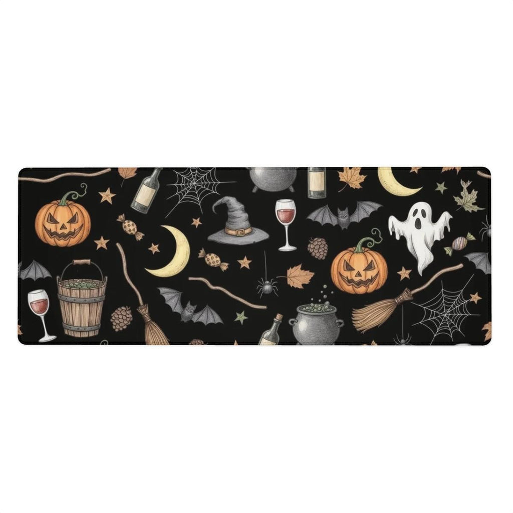 Black Halloween Pattern Desk Mat | Spooky Pumpkin and Motifs Mouse Pad | Ilustration style Desk Decor