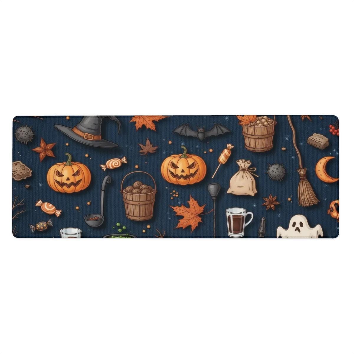 Navy Halloween Desk Mat | Cute Spooky Icons Mouse Pad | Modern Spooky Desk Decor