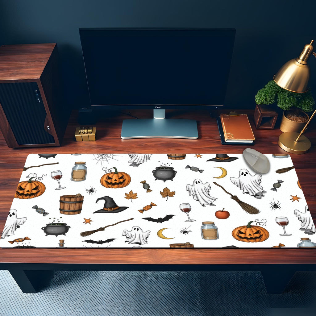 White Halloween Pattern Desk Mat | Witchy Decor Mouse Pad | Cute Illustration Trick or Treat Theme