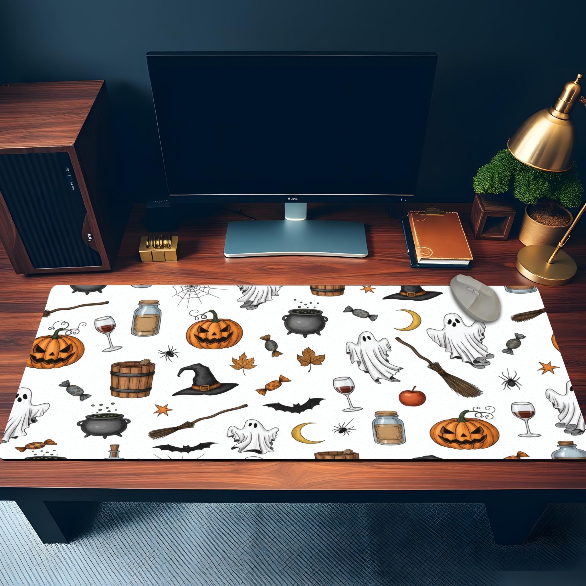 White Halloween Pattern Desk Mat | Witchy Decor Mouse Pad | Cute Illustration Trick or Treat Theme