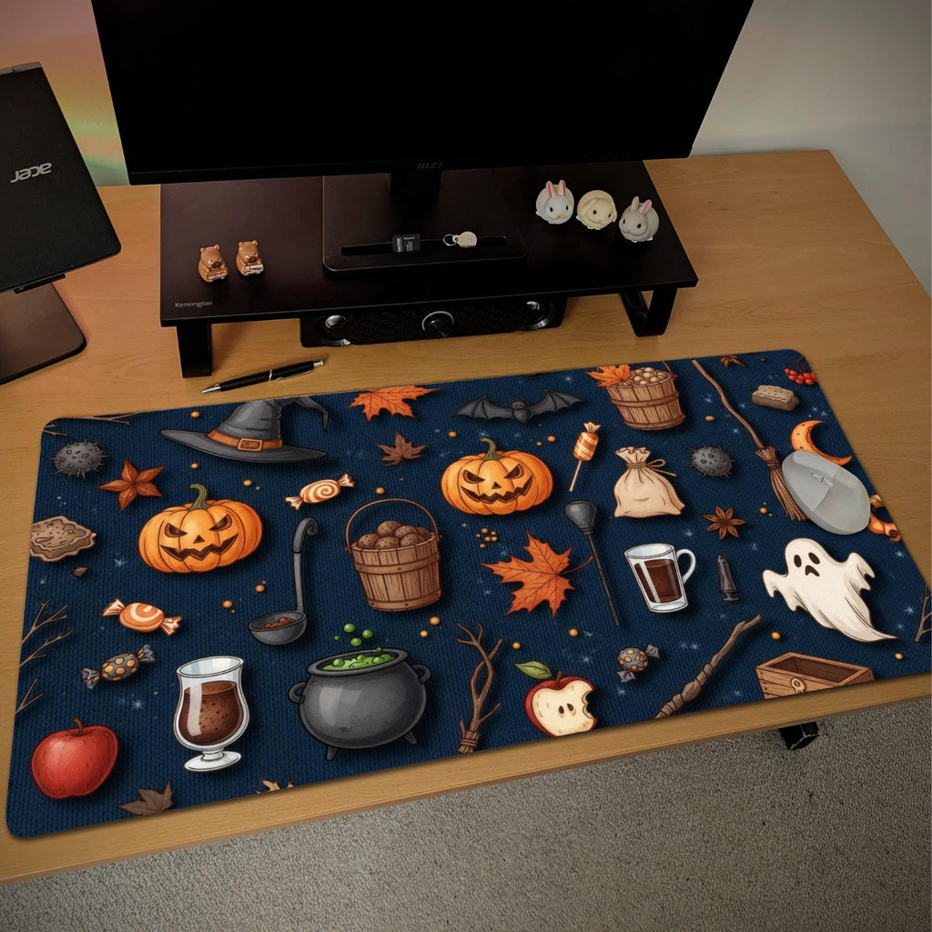 Navy Halloween Desk Mat | Cute Spooky Icons Mouse Pad | Modern Spooky Desk Decor