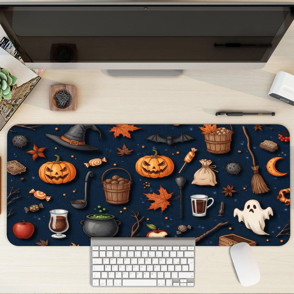 Navy Halloween Desk Mat | Cute Spooky Icons Mouse Pad | Modern Spooky Desk Decor