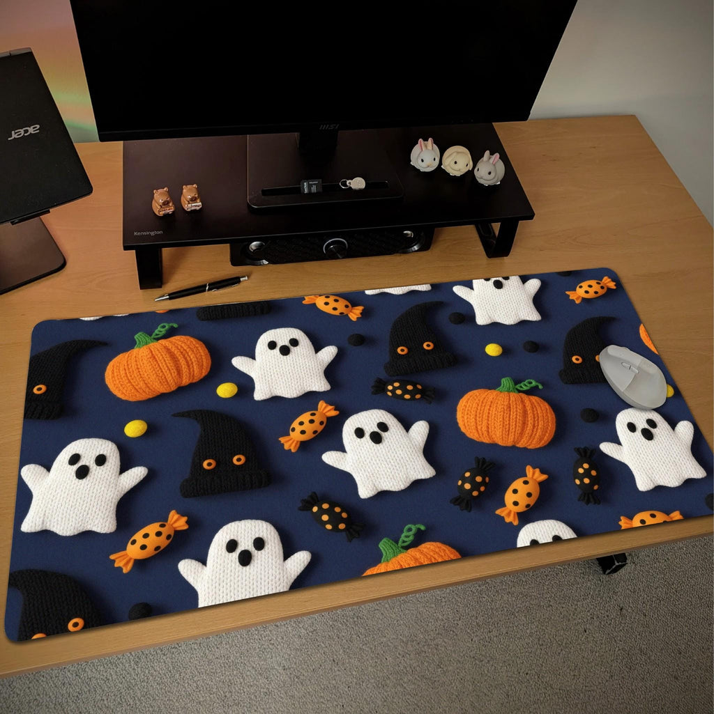 Navy Halloween Desk Mat | Spooky Knit Ornaments Mouse Pad, Decorative Desk Accessory