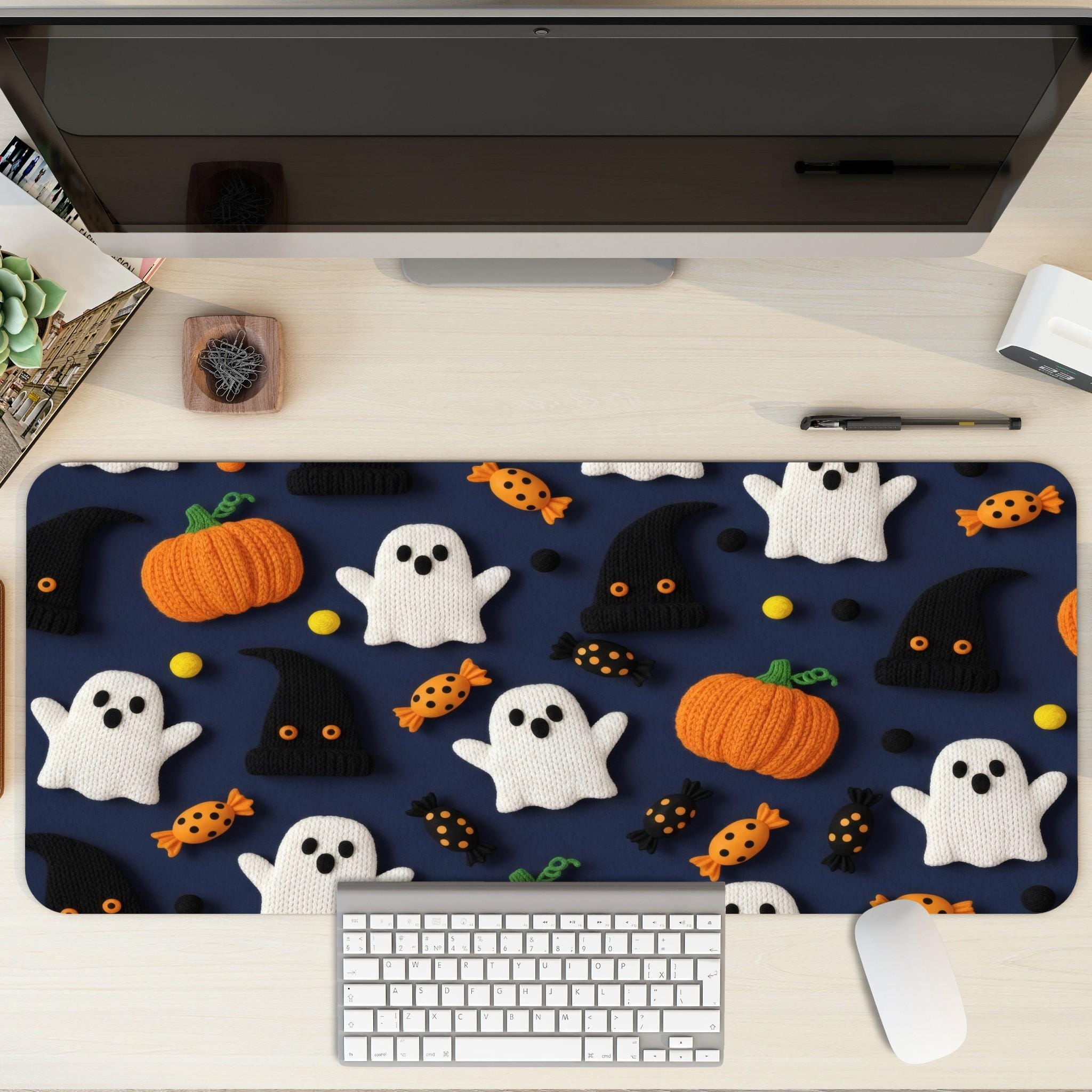 Navy Halloween Desk Mat | Spooky Knit Ornaments Mouse Pad, Decorative Desk Accessory