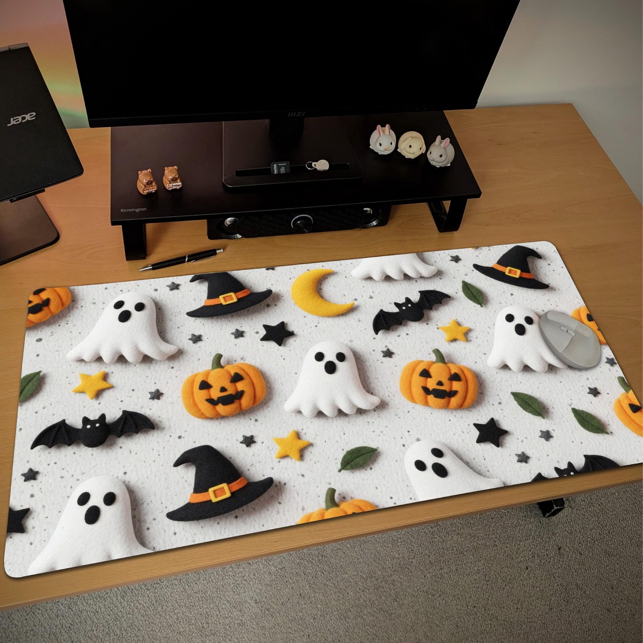 Plushie Halloween Desk Mat | White Ornaments Cute Desk Pad | Cozy Aesthetic Office Decor