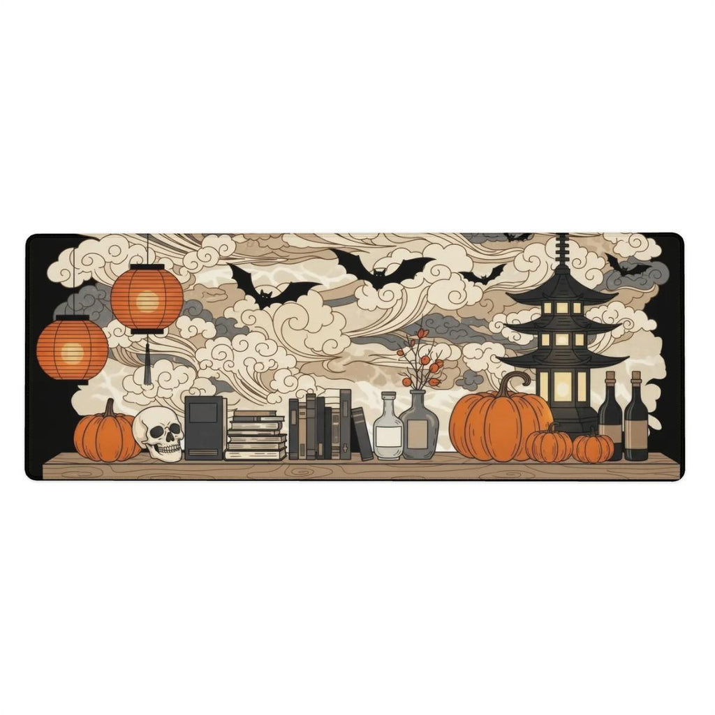 Japanese Halloween Desk Mat | Swirling Cloud background | Orange Black Asian Art Desk Decor