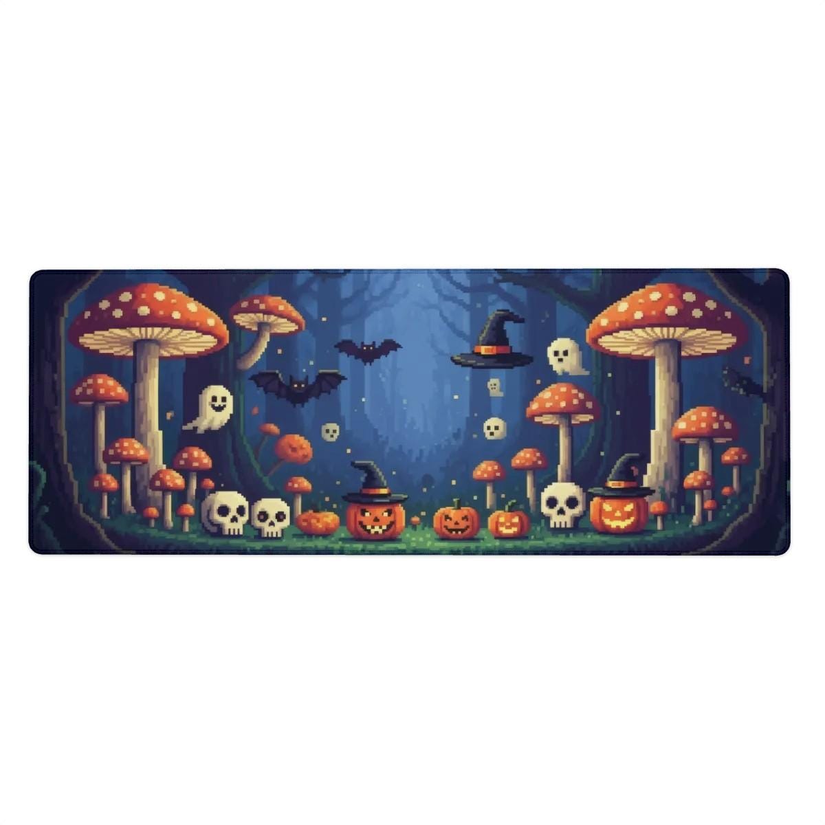 Blue Halloween Pixel Art Desk Mat | Spooky Mushroom Forest with Wicked Ghosts, Pumpkins Bats | Retro 16Bit Gaming Office Decor