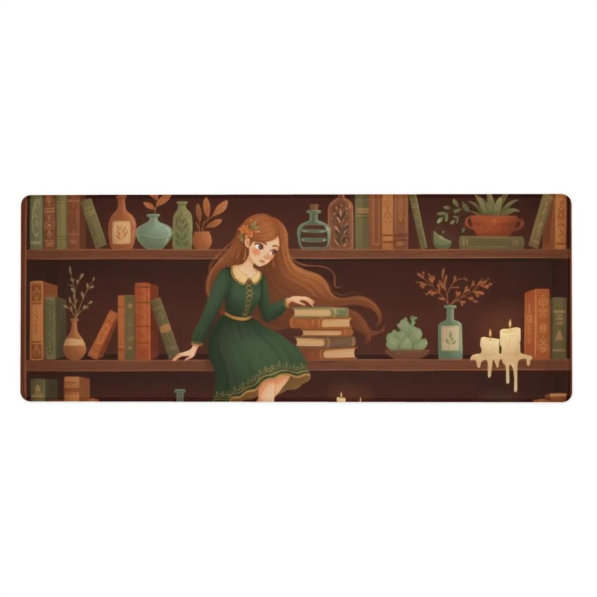 Witchy Bookshelf Desk Mat | Cottagecore, Fantasy Illustration Mouse Pad | Green, Brown Botanicals Decor