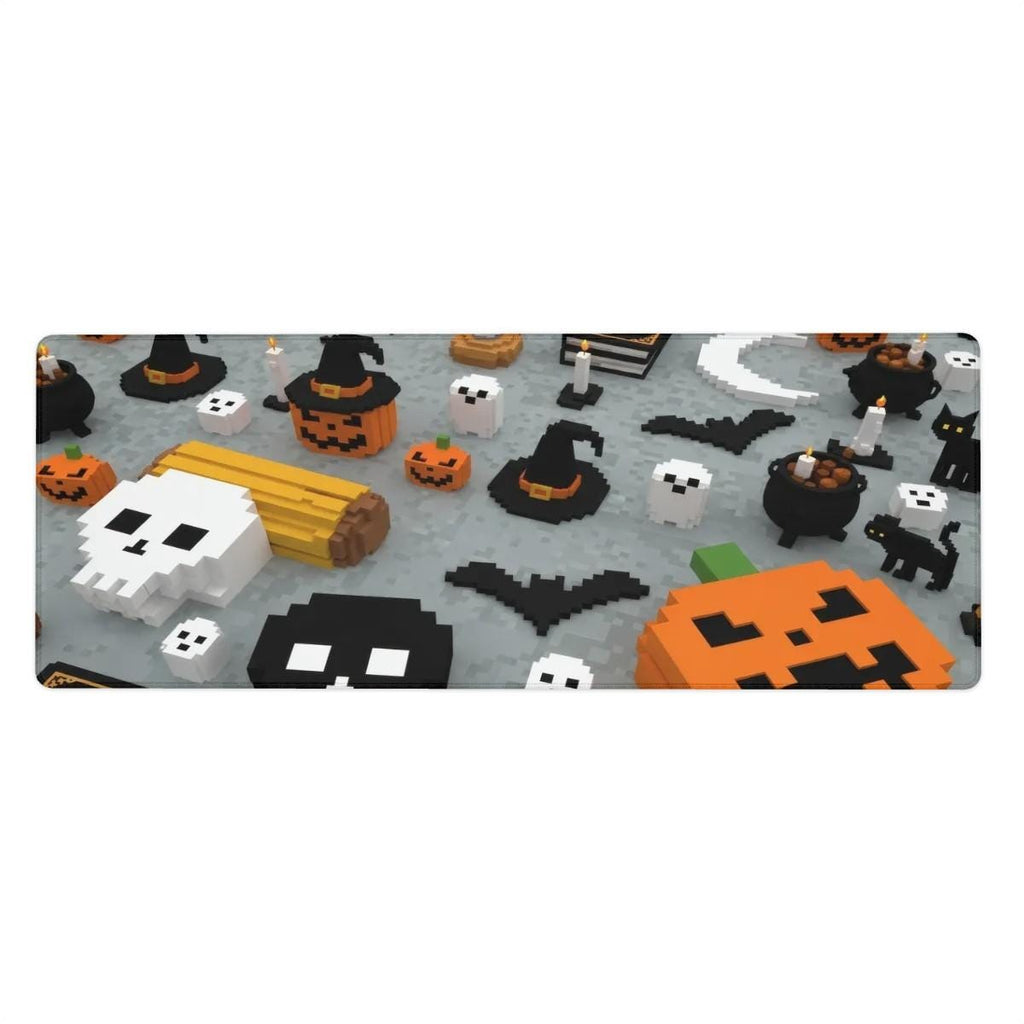Minecraft Style Halloween Large Desk Mat | Pixel Art Pumpkin Ghosts | Orange Black Gaming Desk Decor with Retro Pixel Style