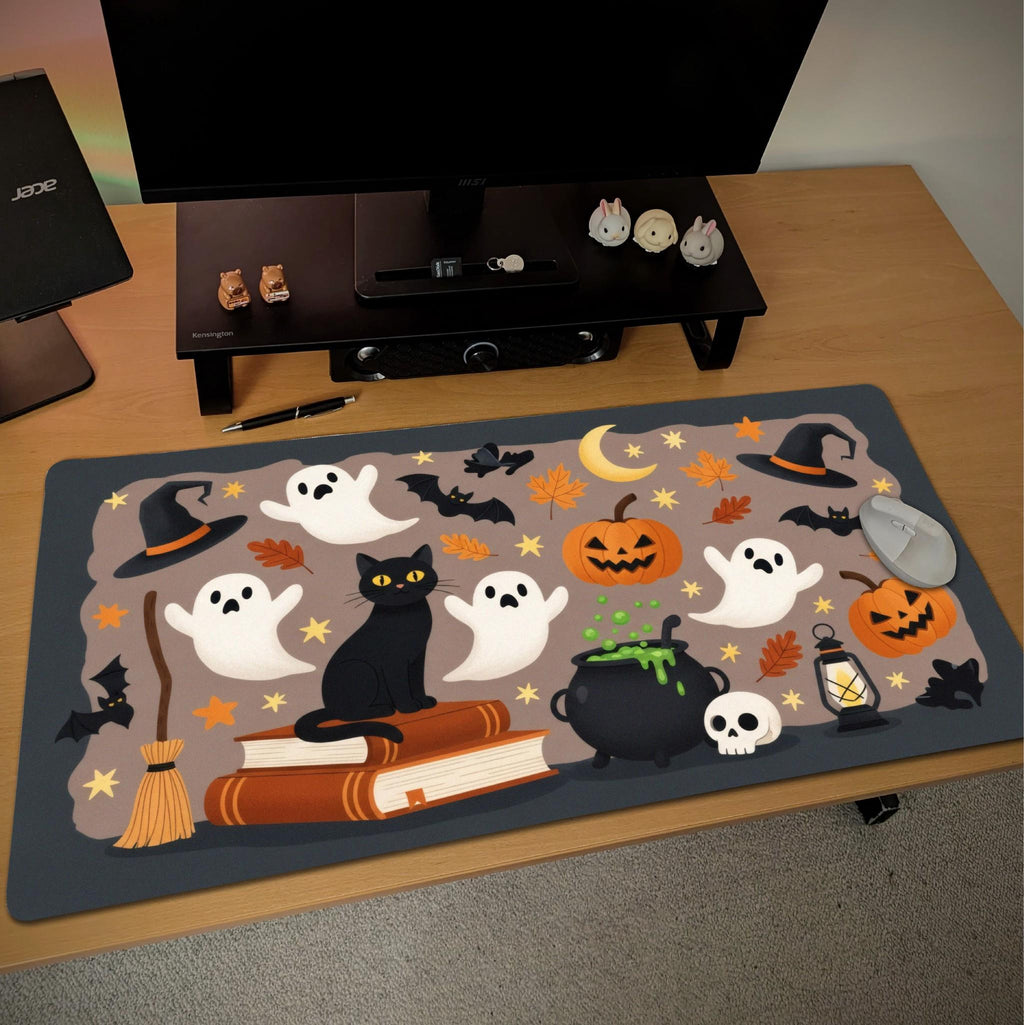 Cute Halloween Pattern Desk Mat | Black Brown Kawaii Spooky Desk Decor