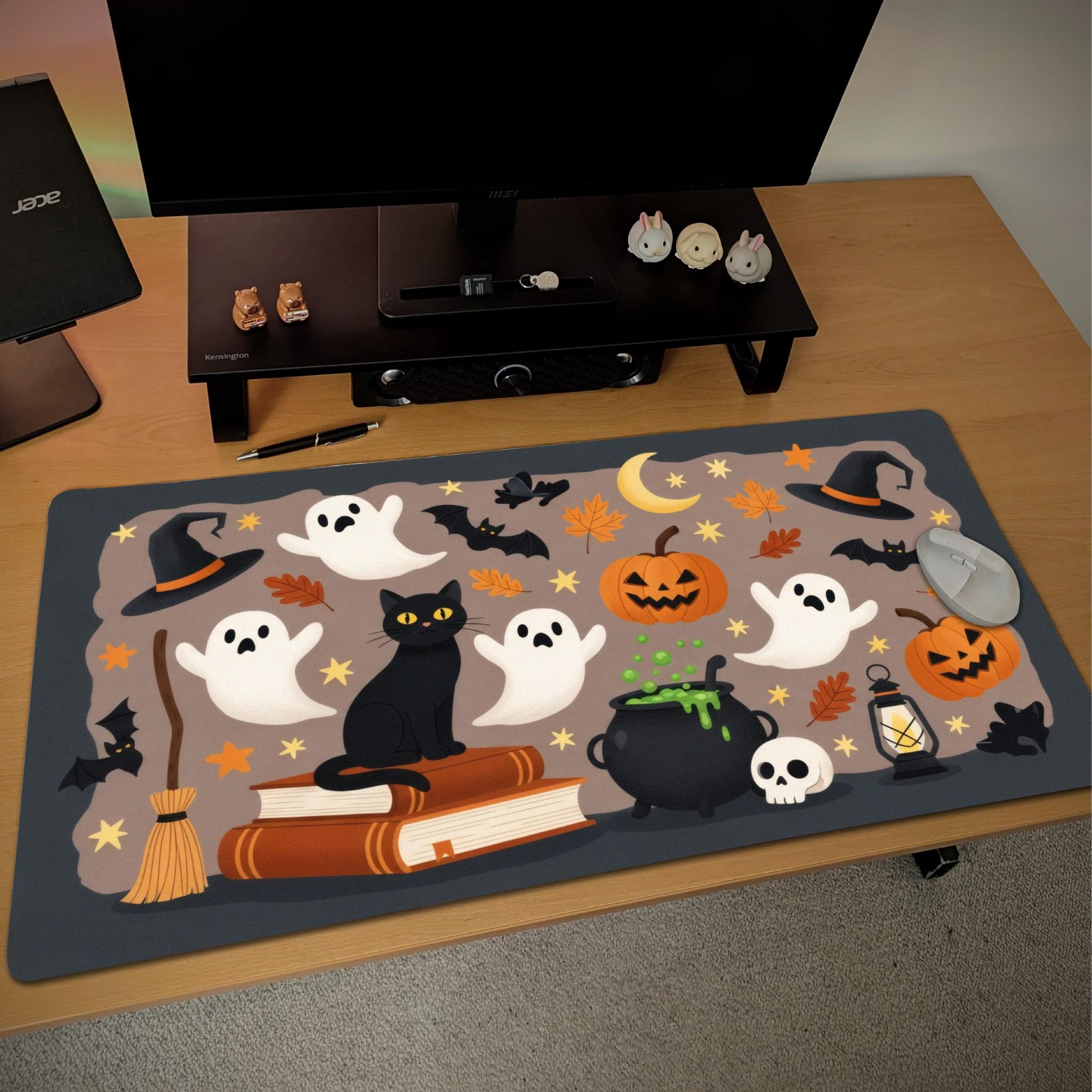 Cute Halloween Pattern Desk Mat | Black Brown Kawaii Spooky Desk Decor
