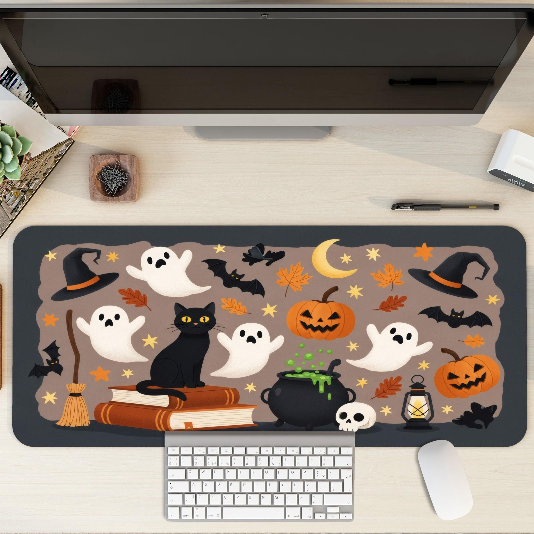 Cute Halloween Pattern Desk Mat | Black Brown Kawaii Spooky Desk Decor