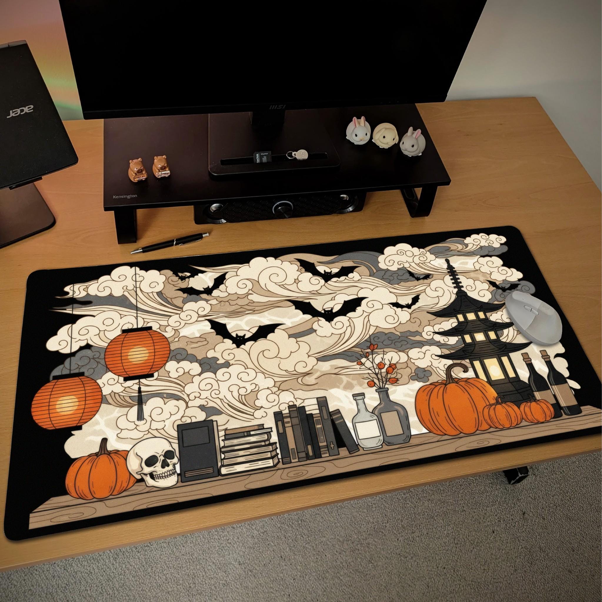 Japanese Halloween Desk Mat | Swirling Cloud background | Orange Black Asian Art Desk Decor