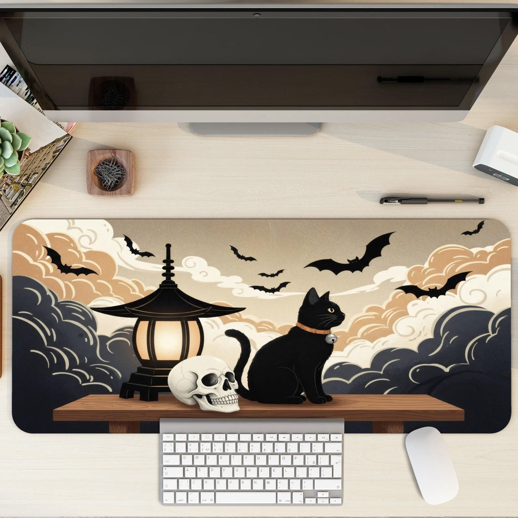 Black Cat Skull Desk Mat | Bats and Swirling Clouds in Japanese style drawing | Black and Beige Palette