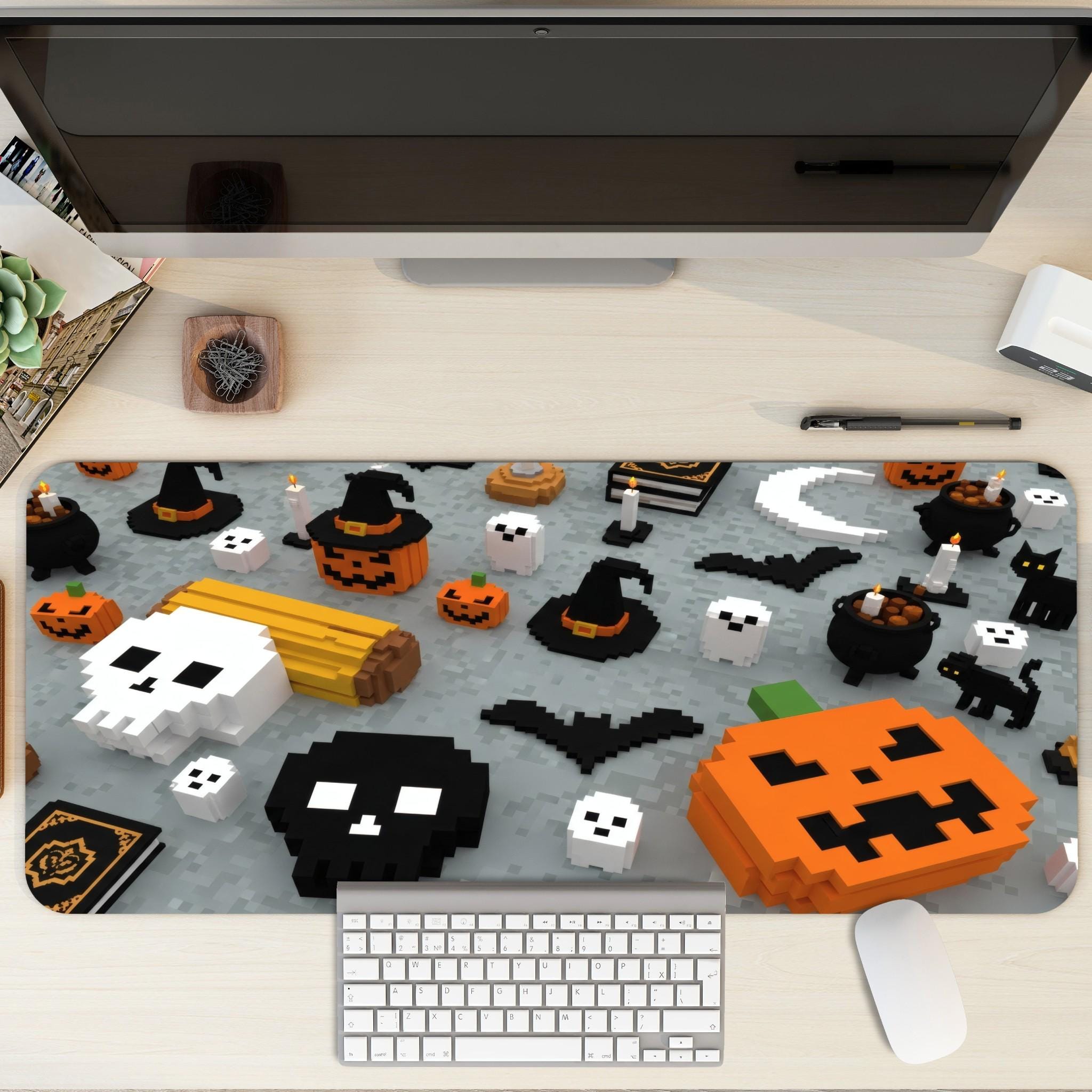 Minecraft Style Halloween Large Desk Mat | Pixel Art Pumpkin Ghosts | Orange Black Gaming Desk Decor with Retro Pixel Style
