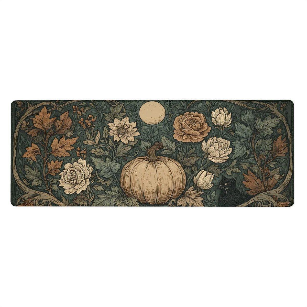 Halloween Botanical Desk Mat | Pumpkin and Black Cat Design, William Morris, Gothic Art Nouveau Style Mouse Pad | Autumn Desk Decor