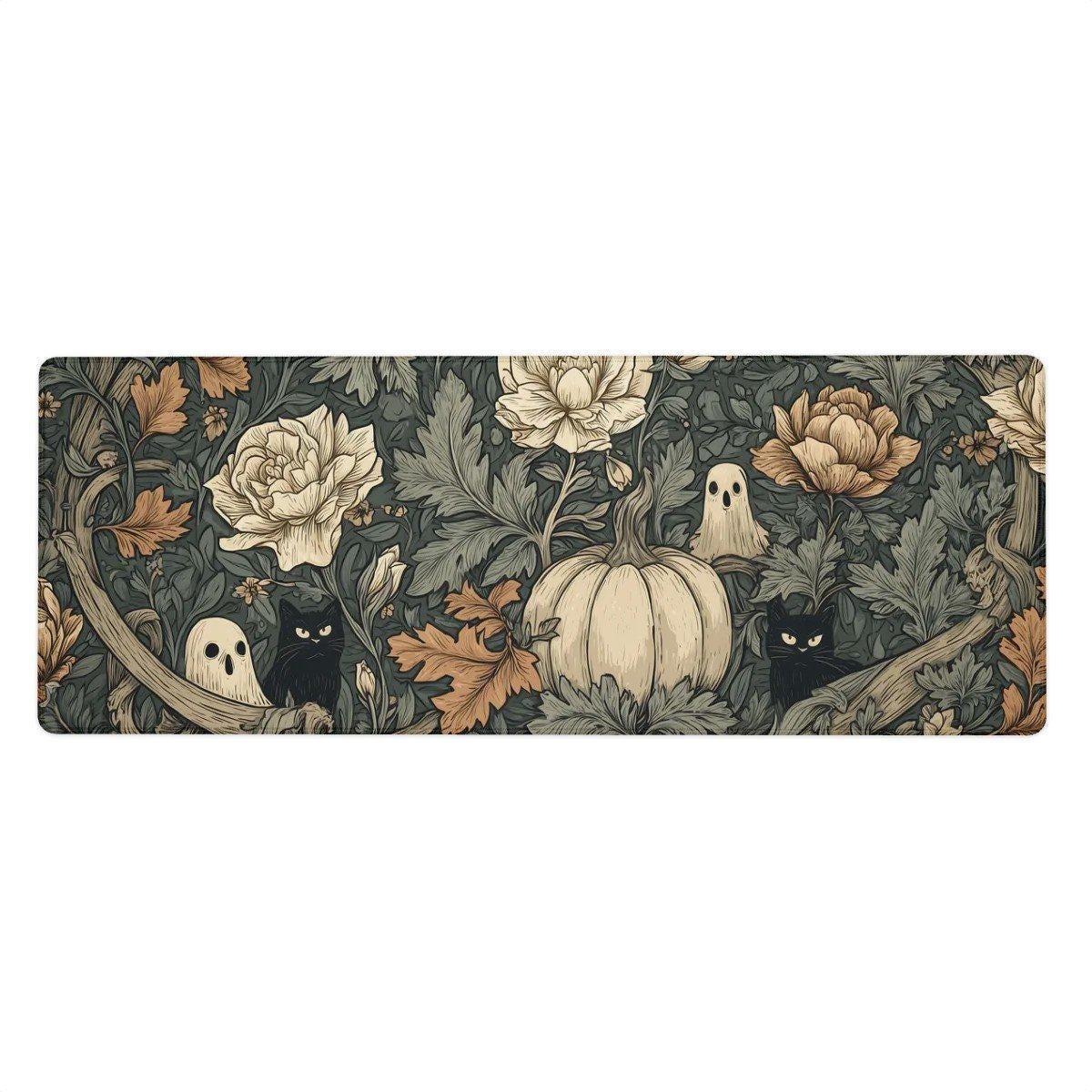 Vintage Botanical Halloween Desk Mat | William Morris Style Floral Ghost Mouse Pad | Sage Green Decor with Pumpkin and Black Cats