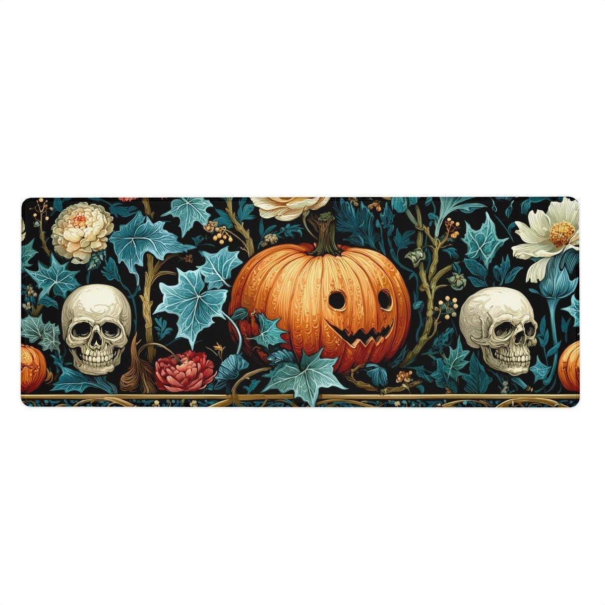 Dark Floral Halloween Desk Mat | Gothic Botanical Skull Pumpkin Mouse Pad | Teal Orange Victorian Style