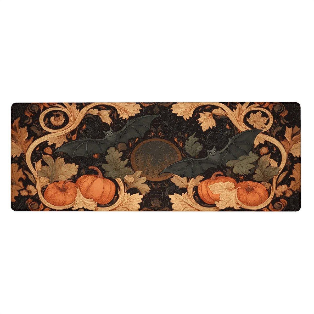 Gothic Halloween Desk Mat | Dark Academia Aesthetic Office Decor with Pumpkins and Bat Motifs | Large Desk Art Gaming Setup