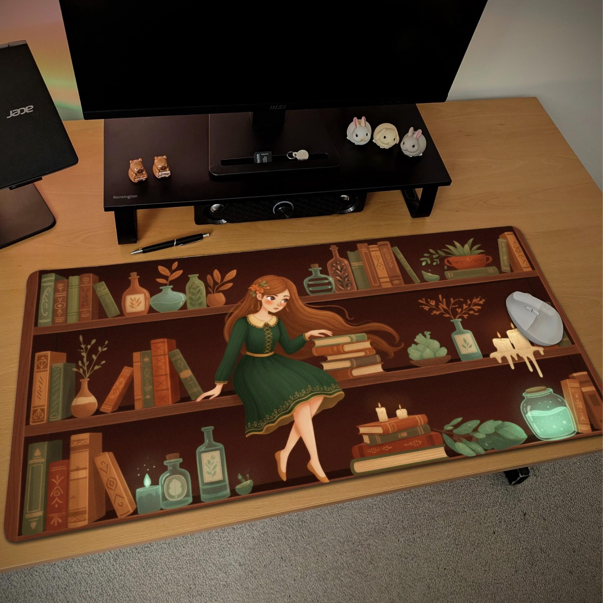 Witchy Bookshelf Desk Mat | Cottagecore, Fantasy Illustration Mouse Pad | Green, Brown Botanicals Decor