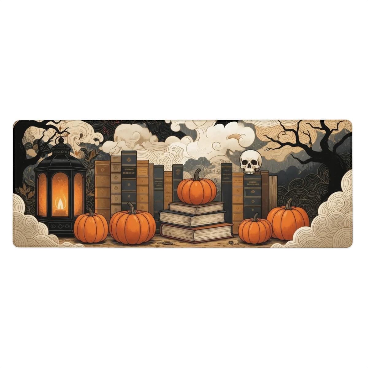 Halloween Gothic Library Desk Pad | Spellbooks, Pumpkin, Skull | Dark Academia Aesthetic Decor