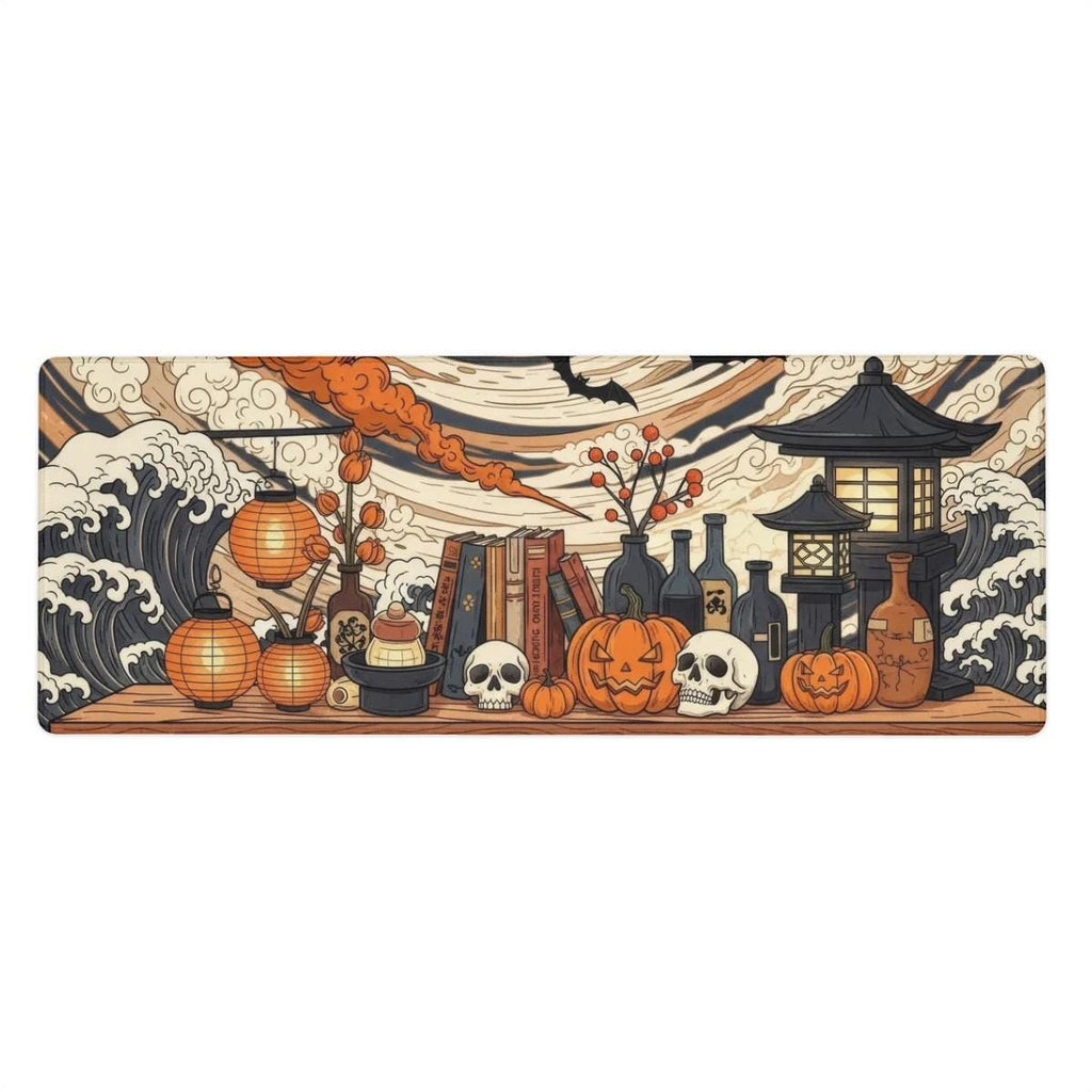 Japanese Halloween Desk Pad | Ukiyo-e Waves and Clouds | Witchy Magical, Hokusai Style Desk Art