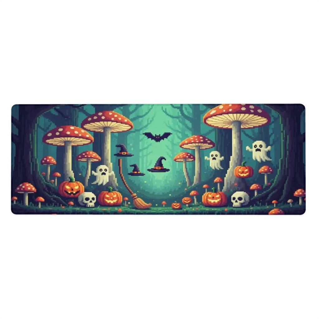 Green Halloween Pixel Art Desk Mat | Enchanted Witchy Mushroom Forest with Pumpkins, Ghosts | Retro 8Bit Style Desk Pad