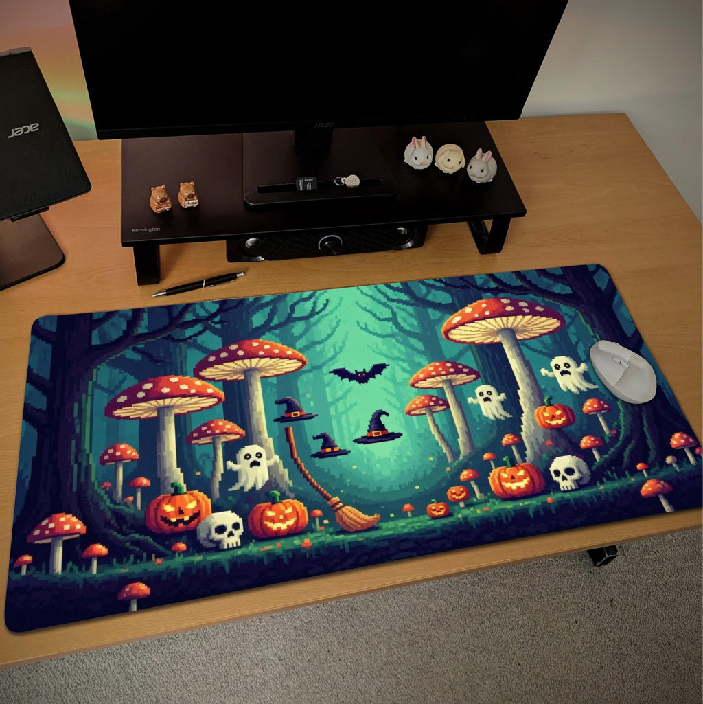 Green Halloween Pixel Art Desk Mat | Enchanted Witchy Mushroom Forest with Pumpkins, Ghosts | Retro 8Bit Style Desk Pad