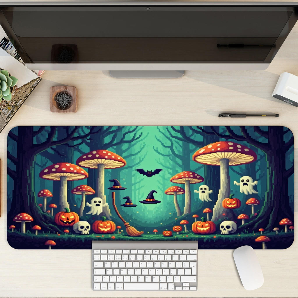 Green Halloween Pixel Art Desk Mat | Enchanted Witchy Mushroom Forest with Pumpkins, Ghosts | Retro 8Bit Style Desk Pad