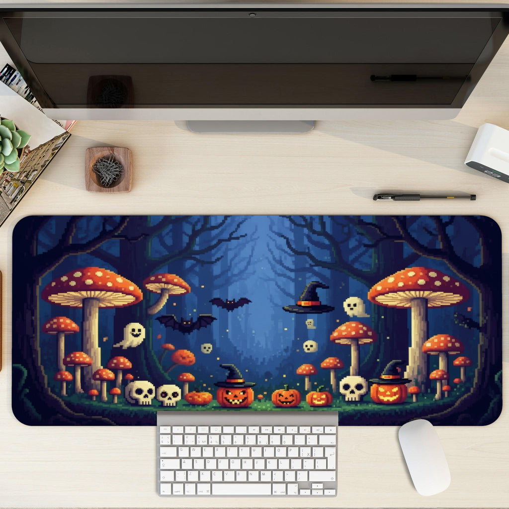 Blue Halloween Pixel Art Desk Mat | Spooky Mushroom Forest with Wicked Ghosts, Pumpkins Bats | Retro 16Bit Gaming Office Decor