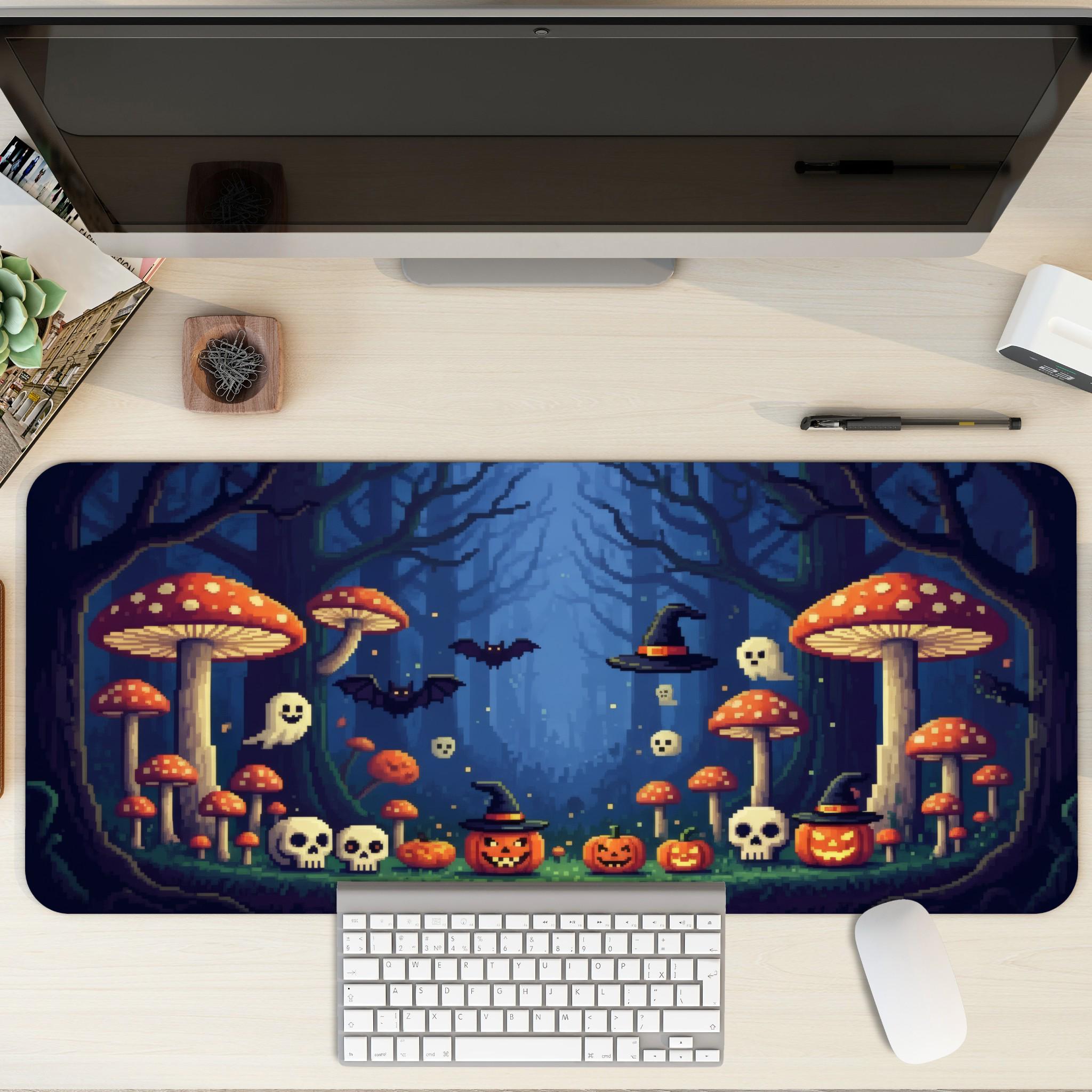Blue Halloween Pixel Art Desk Mat | Spooky Mushroom Forest with Wicked Ghosts, Pumpkins Bats | Retro 16Bit Gaming Office Decor