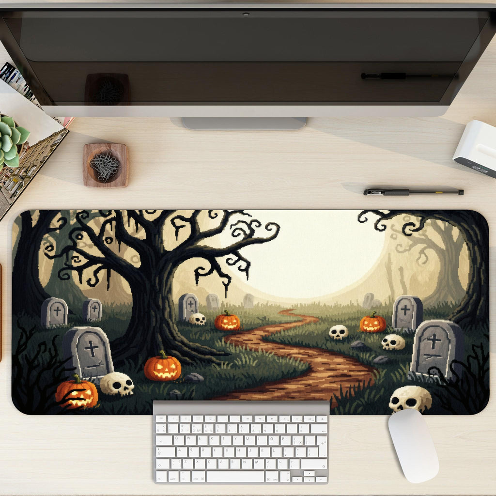 Halloween Pixel Art Graveyard Desk Mat | Spooky Tombstone, Pumpkin Forest |  Retro Gaming Style Mouse Pad