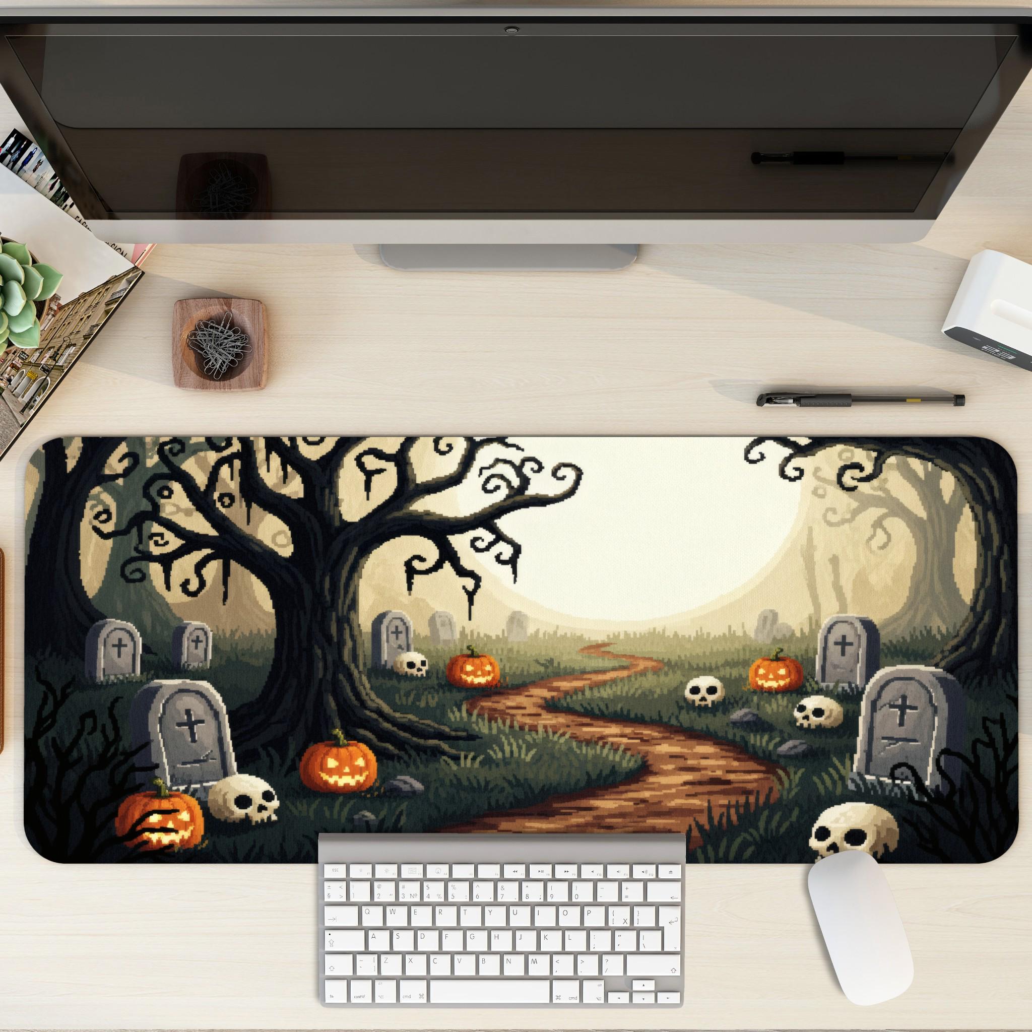 Halloween Pixel Art Graveyard Desk Mat | Spooky Tombstone, Pumpkin Forest |  Retro Gaming Style Mouse Pad
