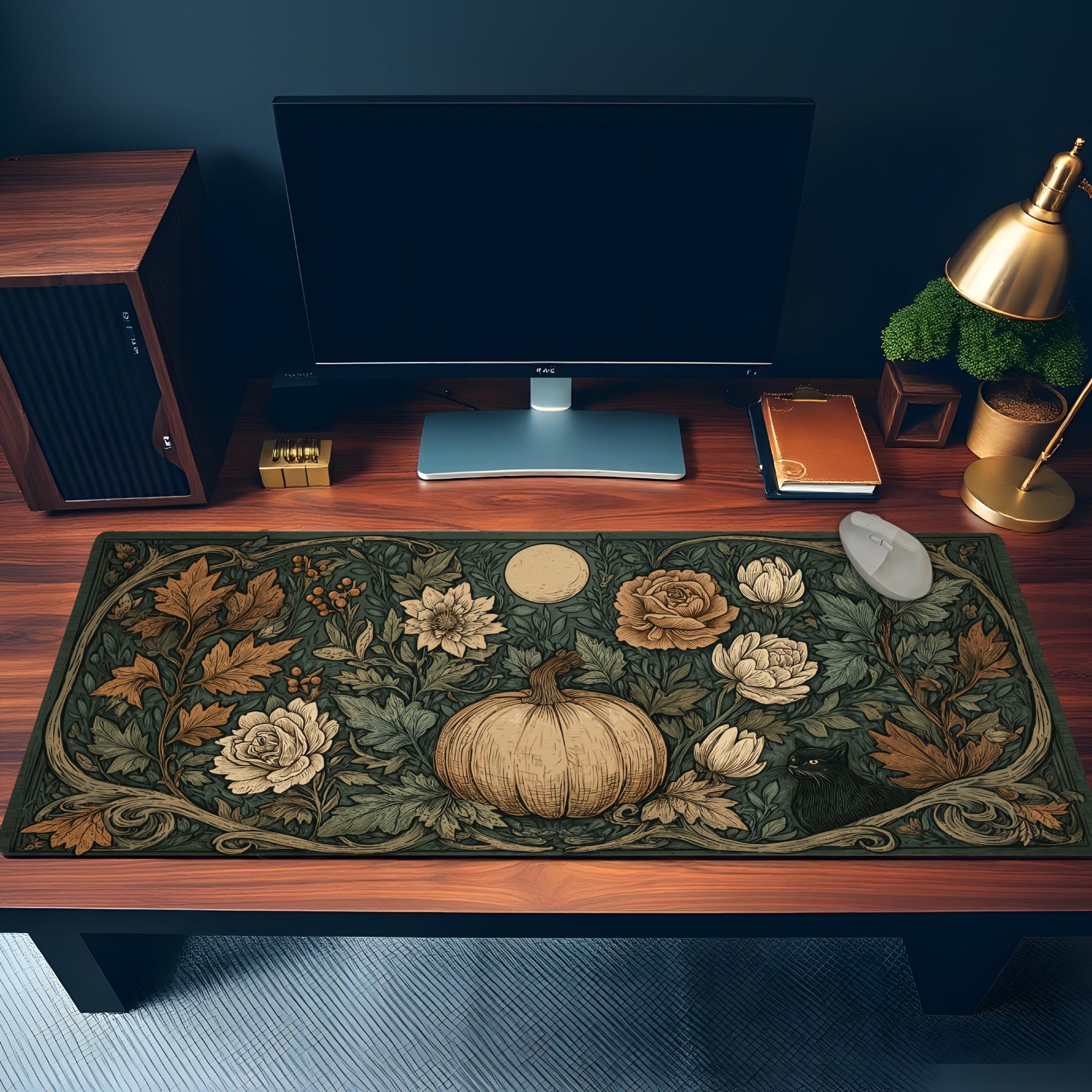 Halloween Botanical Desk Mat | Pumpkin and Black Cat Design, William Morris, Gothic Art Nouveau Style Mouse Pad | Autumn Desk Decor