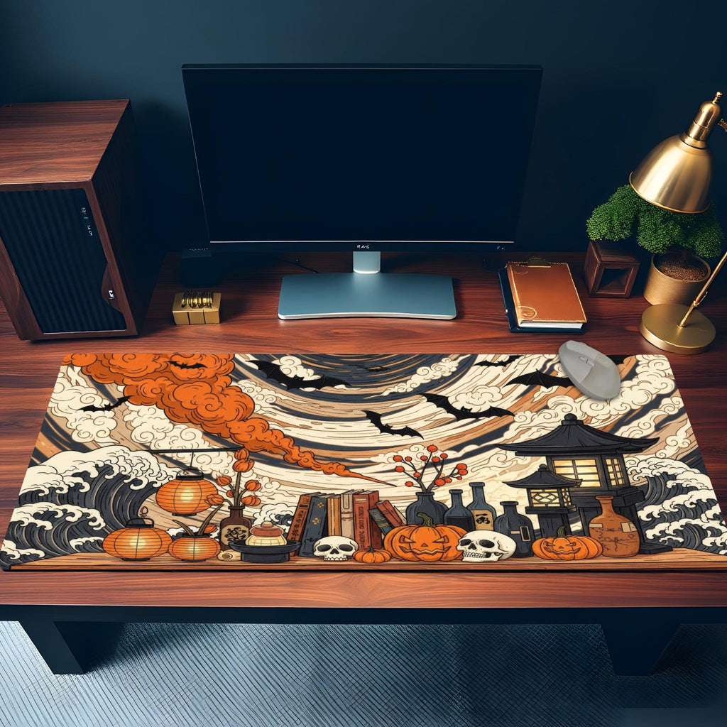Japanese Halloween Desk Pad | Ukiyo-e Waves and Clouds | Witchy Magical, Hokusai Style Desk Art