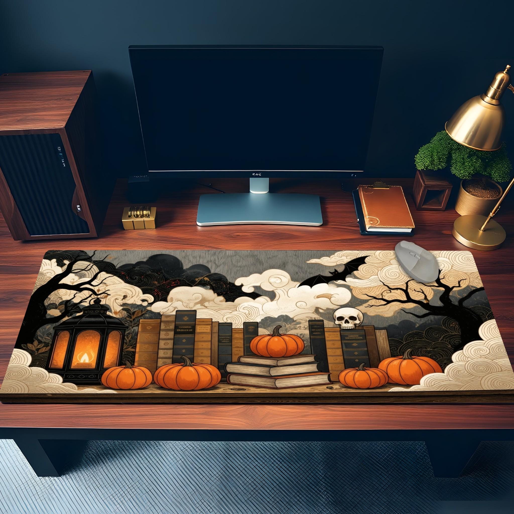 Halloween Gothic Library Desk Pad | Spellbooks, Pumpkin, Skull | Dark Academia Aesthetic Decor