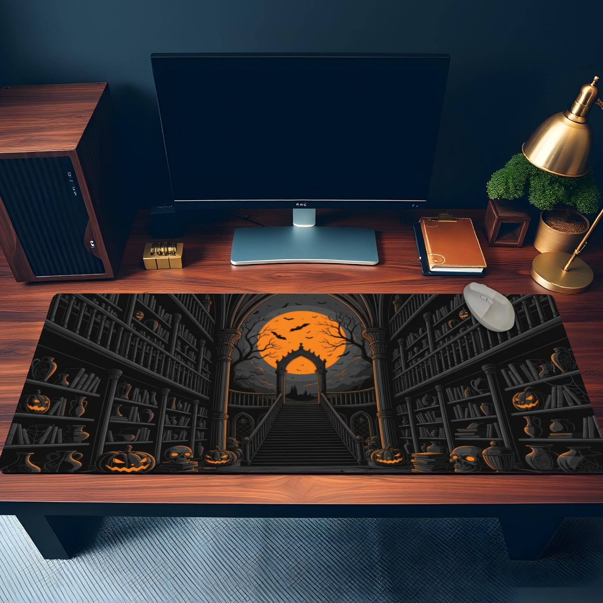 Gothic Halloween Desk Pad | Dark Academia Horror Library | Orange Black Victorian Desk Decor