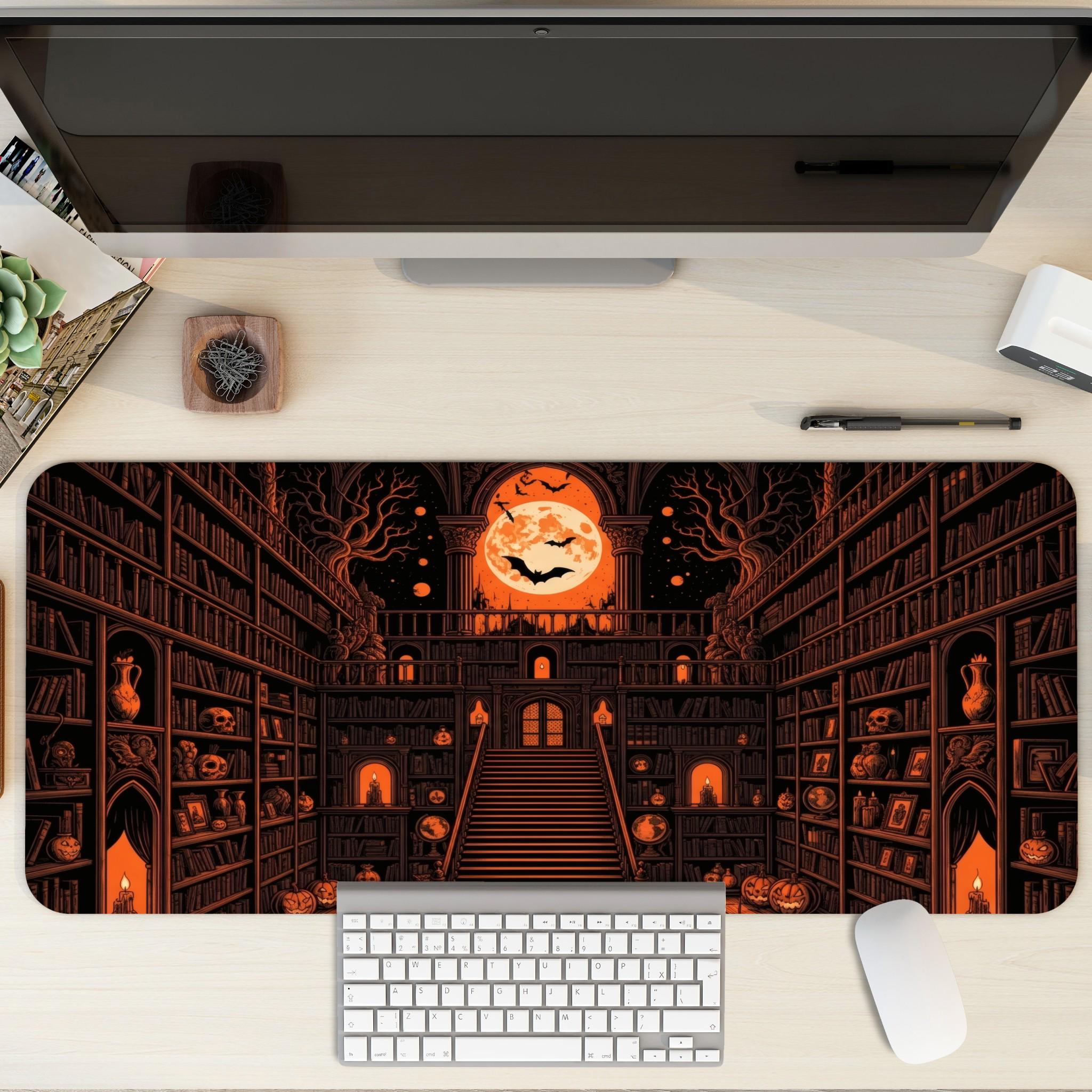 Horror Halloween Desk Mat | Gothic Library Moonlit Bats | Orange Black Victorian Office Decor | Dark Academia Art